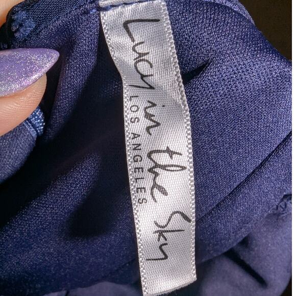 Lucy in the Sky Navy Blue Chiffon Swiss Dot Long Sleeve Ruched Mini Dress XS - Picture 5 of 6